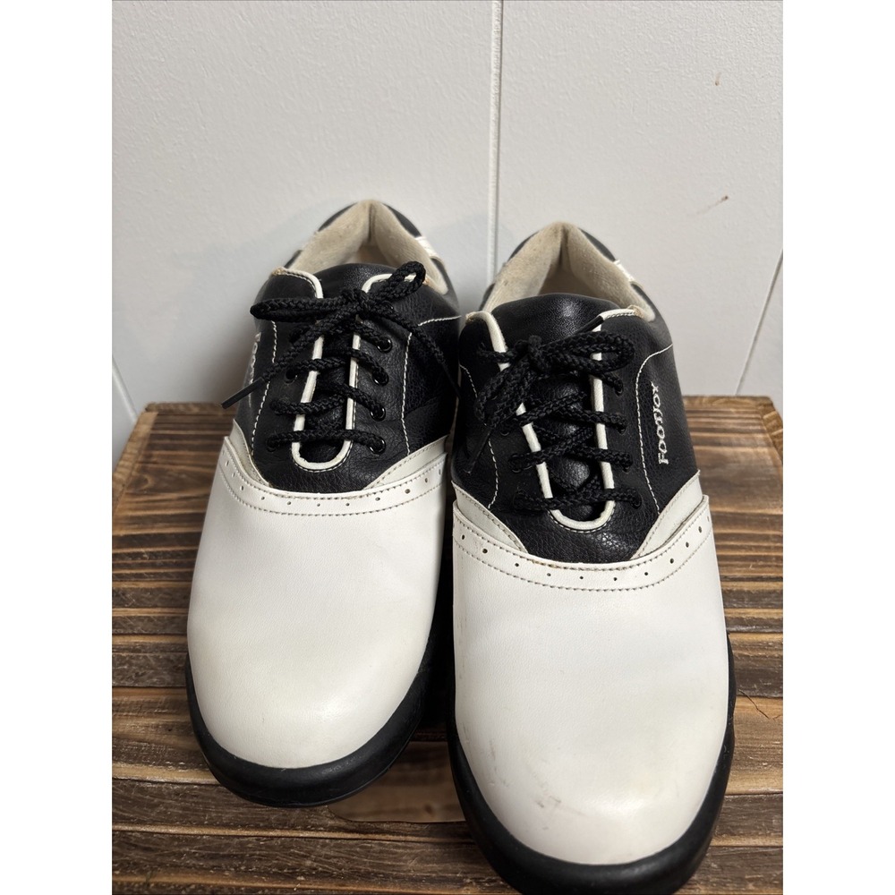 FootJoy GreenJoys Golf Shoes Womens Size 8.5M White Black Leather Spikes 48696